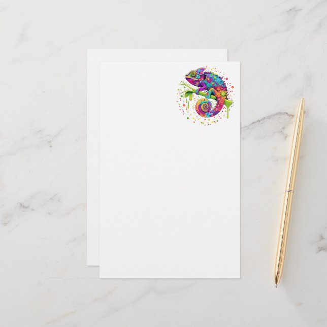 Chameleon Paint Stains Watercolor Style Stationery (Front/Back In Situ)
