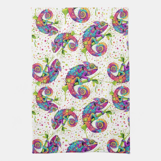 Chameleon Paint Stains Watercolor Style Tea Towel (Vertical)