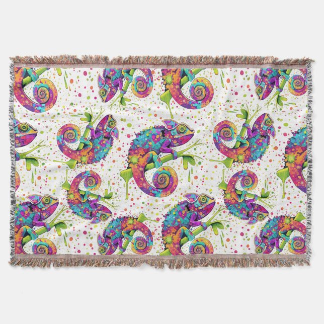 Chameleon Paint Stains Watercolor Style Throw Blanket (Front)