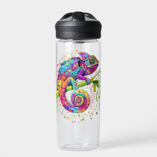 Chameleon Paint Stains Watercolor Style Water Bottle (Front)