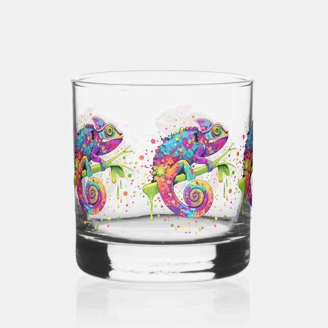 Chameleon Paint Stains Watercolor Style Whiskey Glass (Front)