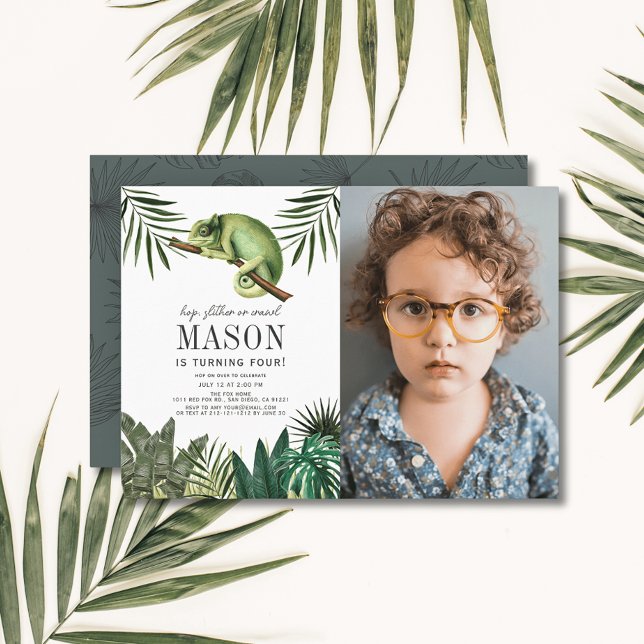 Chameleon Reptile Boy White Birthday Photo Invitation (Creator Uploaded)