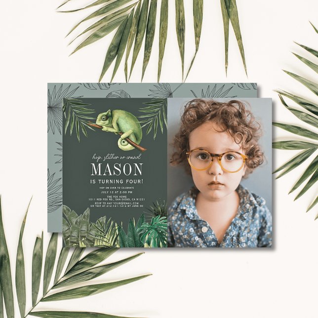 Chameleon Reptile Green Boy Birthday Photo Invitation (Creator Uploaded)