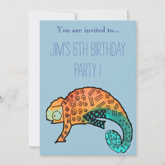 Chameleon reptile illustration boy birthday party invitation (Front)