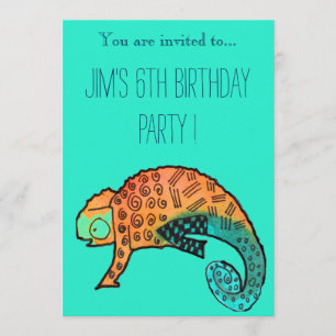 Chameleon reptile illustration boy birthday party invitation