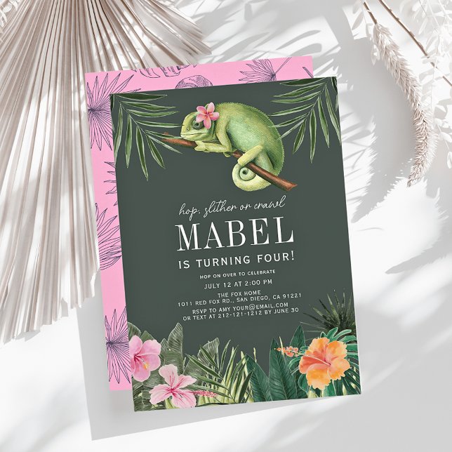 Chameleon Reptile Tropical Girl Green Birthday Invitation (Creator Uploaded)