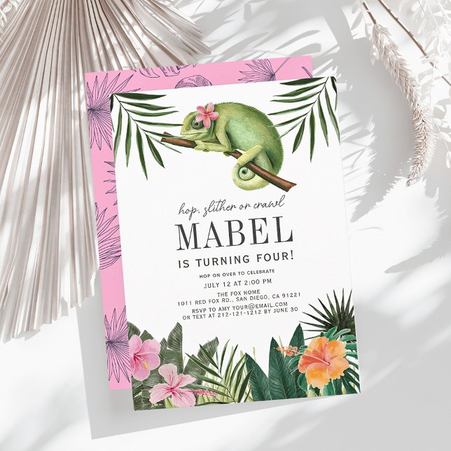 Chameleon Reptile Tropical Girl White Birthday Invitation (Creator Uploaded)