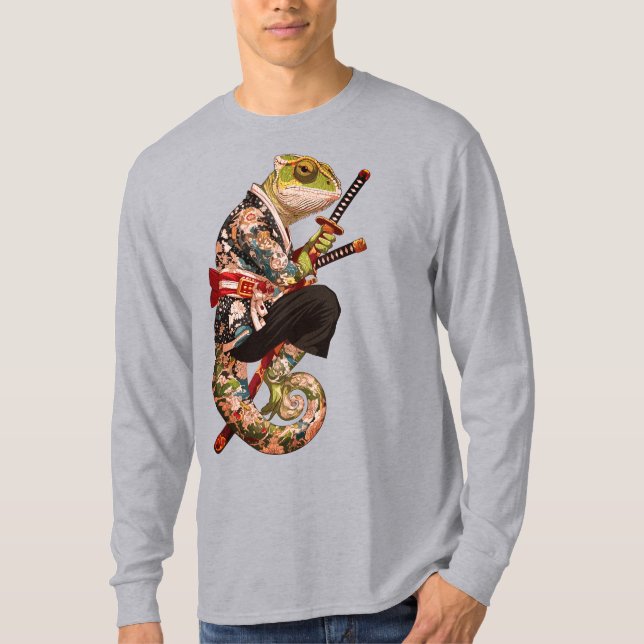 Chameleon Samurai – Tattooed Warrior with Katana T-Shirt (Front)