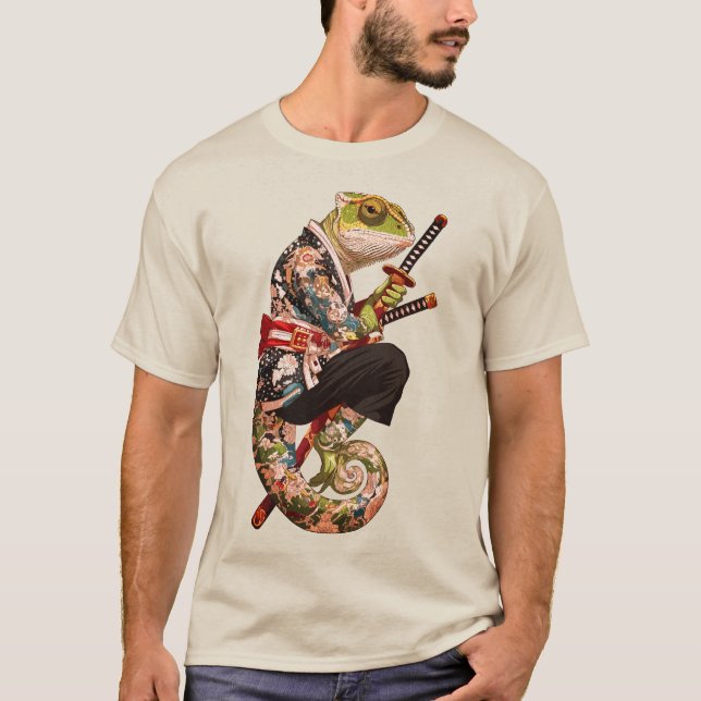Chameleon Samurai – Tattooed Warrior with Katana T-Shirt (Front)