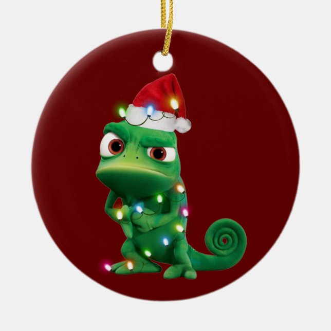 Chameleon With Hat Lights Christmas Ceramic Tree Decoration (Front)