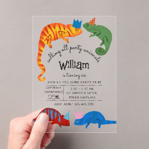 Chameleons Colourful Reptile Lizards Kids Birthday Acrylic Invitations