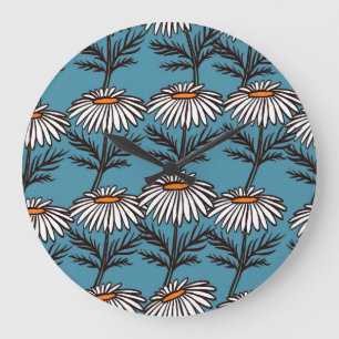 Chamomile, blue vintage cartoon pattern. large clock