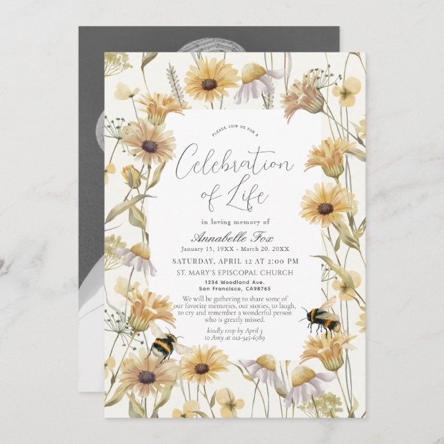 Chamomile & Daisies Funeral Memorial Invitation (Front/Back)