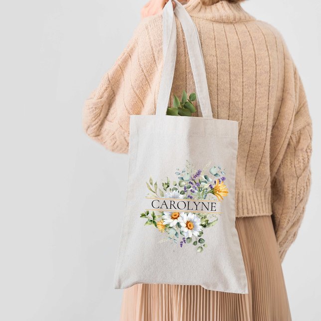 Chamomile Floral Bridesmaid Monogram Name Tote Bag (Creator Uploaded)