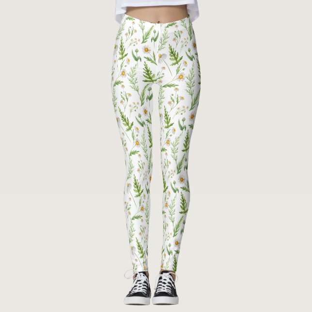 Chamomile Flower Botanical Rustic Pattern Leggings (Front)