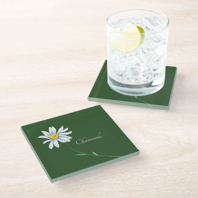 Chamomile Flower Watercolor Glass Coaster (Angled)