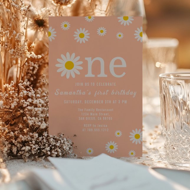 Chamomile Flower Wildflower Coral First Birthday Invitation (Creator Uploaded)