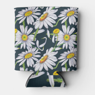 Chamomile Flowers: Dark Blue Watercolor. Can Cooler
