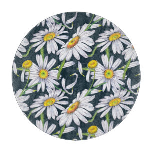 Chamomile Flowers: Dark Blue Watercolor. Cutting Board