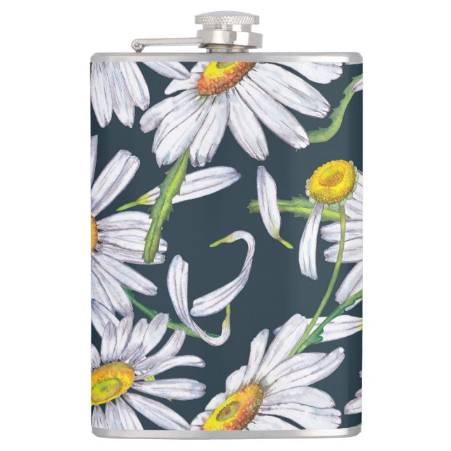 Chamomile Flowers: Dark Blue Watercolor. Hip Flask (Front)