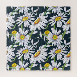 Chamomile Flowers: Dark Blue Watercolor. Jigsaw Puzzle