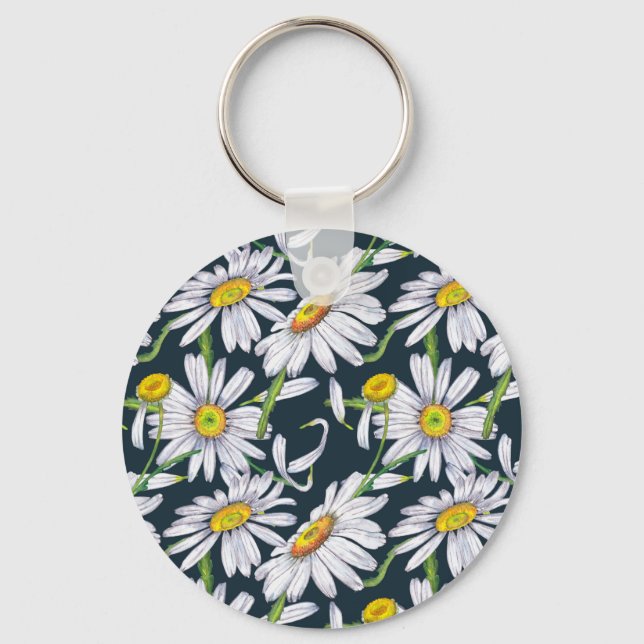Chamomile Flowers: Dark Blue Watercolor. Key Ring (Front)