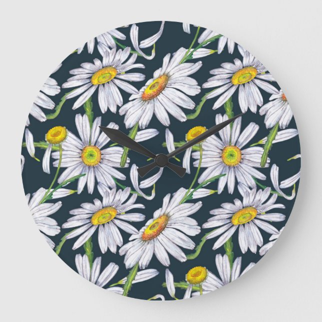 Chamomile Flowers: Dark Blue Watercolor. Large Clock (Front)