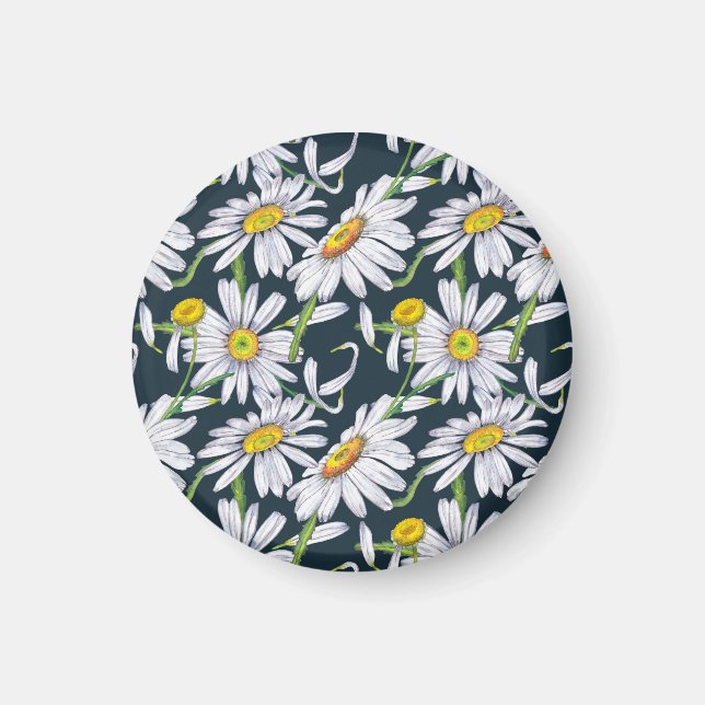 Chamomile Flowers: Dark Blue Watercolor. Magnet (Front)