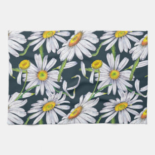 Chamomile Flowers: Dark Blue Watercolor. Tea Towel