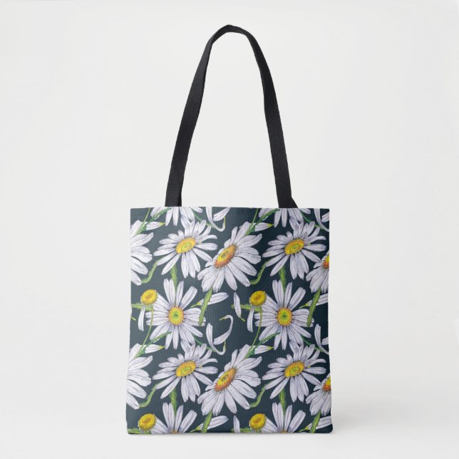 Chamomile Flowers: Dark Blue Watercolor. Tote Bag (Front)