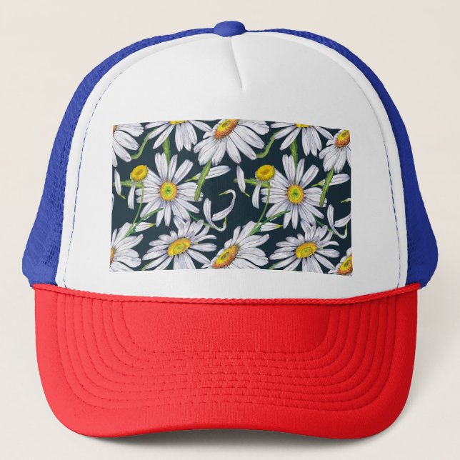 Chamomile Flowers: Dark Blue Watercolor. Trucker Hat (Front)
