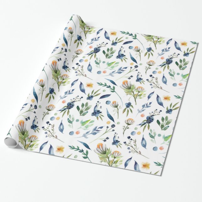 Chamomile flowers, floral, leaf, leaves, berries wrapping paper (Unrolled)