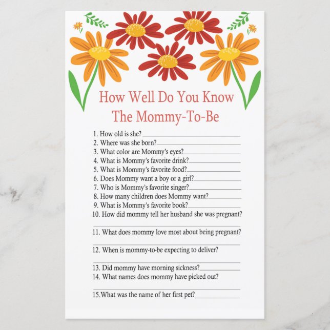 Chamomile How well do you know baby shower game (Front)