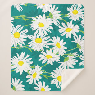 Chamomile Turquoise: Floral Seamless Illustration. Sherpa Blanket