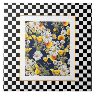 Chamomiles  Poppies and Chequerboard  Tile