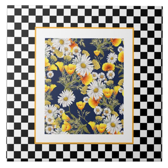Chamomiles  Poppies and Chequerboard  Tile (Front)