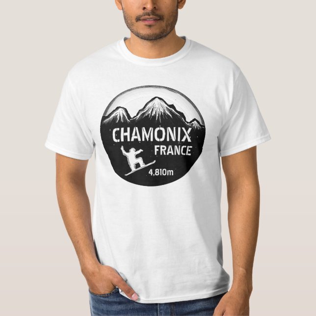 Chamonix France black white snowboard value tee (Front)