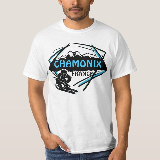 Chamonix France blue skier logo art value tee (Front)