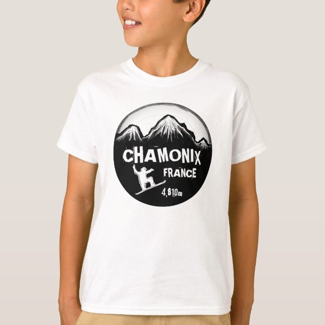 Chamonix France orange snowboard art boys tee (Front)