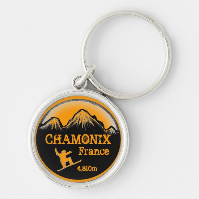 Chamonix France orange snowboard art keychain (Front)