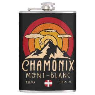 Chamonix France Retro Sunset Skiing Souvenirs 80s Hip Flask