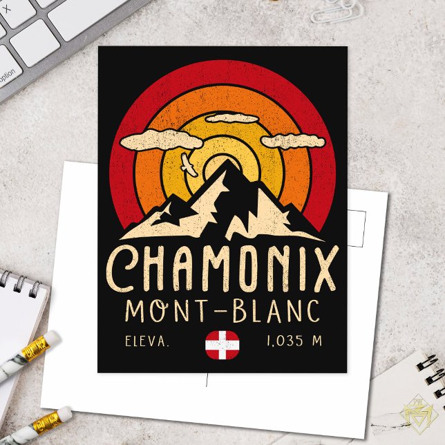 Chamonix France Retro Sunset Skiing Souvenirs 80s Postcard (Creator Uploaded)