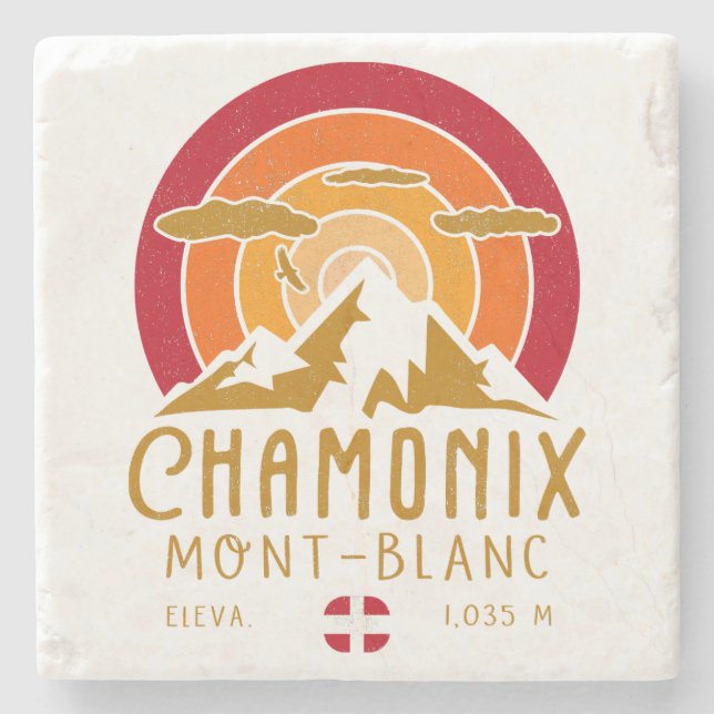 Chamonix France Retro Sunset Skiing Souvenirs 80s Stone Coaster (Front)