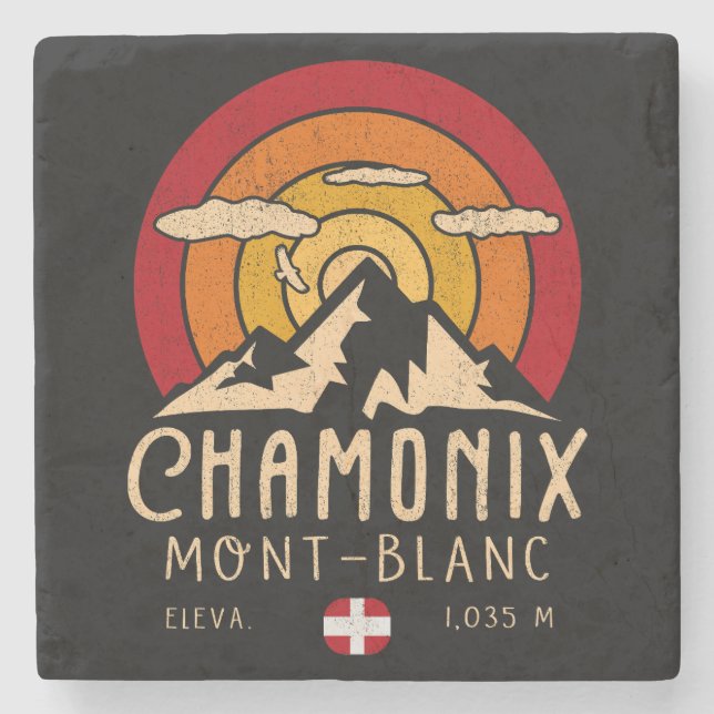 Chamonix France Retro Sunset Skiing Souvenirs 80s Stone Coaster (Front)