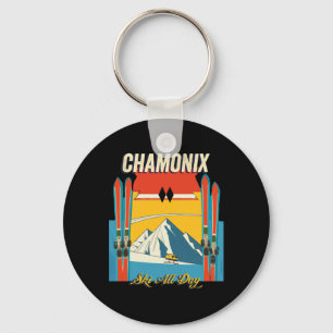 Chamonix France Ski All Day - Retro Vintage Style Key Ring