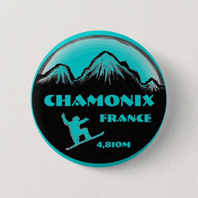 Chamonix France teal snowboard art button (Front)