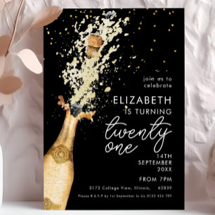 Champagne 21st Birthday Black Gold Invitation