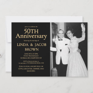Champagne 50 Wedding Anniversary Black White Photo Invitation