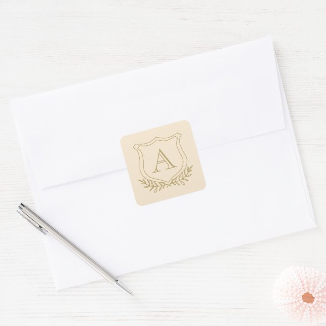 Champagne and Antique Gold Monogram Wedding Square Sticker (Envelope)