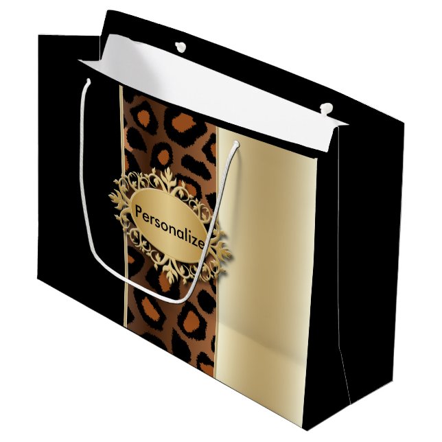 Champagne and Black Leopard Pattern Large Gift Bag (Front Angled)